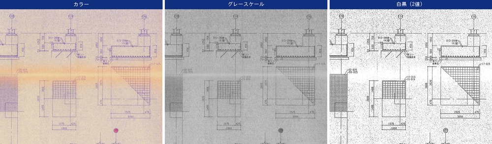 青焼き図面をカラー・グレースケール・白黒の3つのモードでスキャンした比較